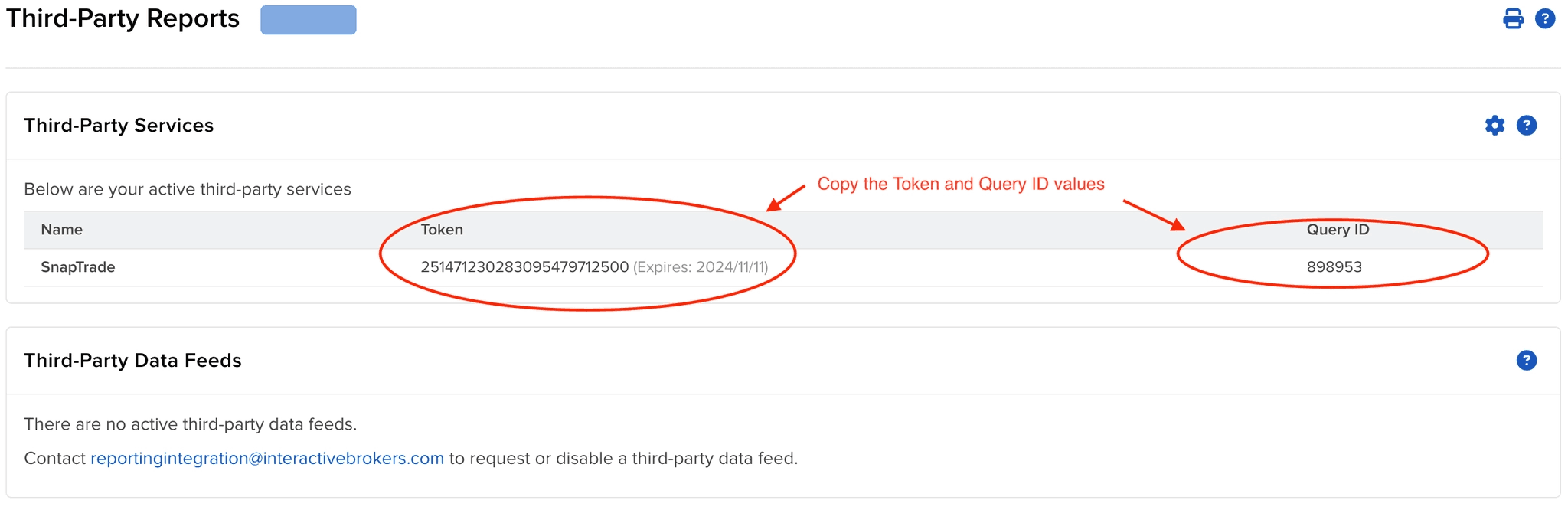 Copy the SnapTrade Token and Query ID