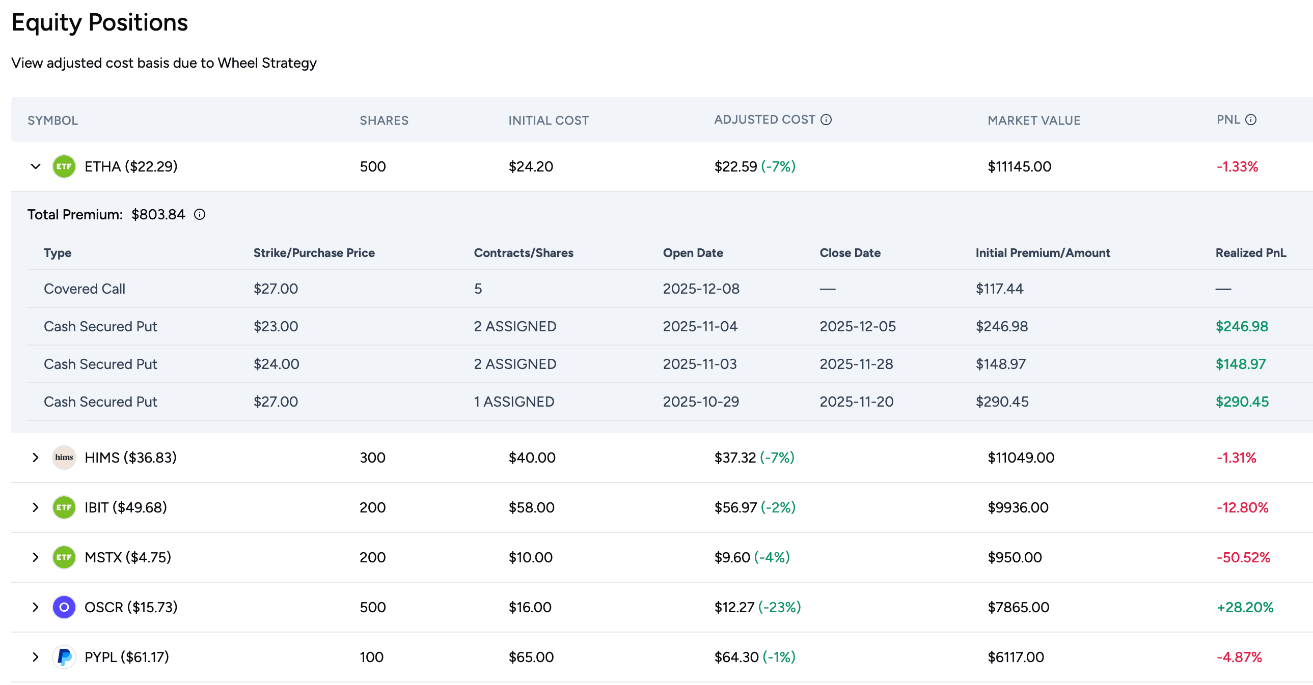 Equity positions demo