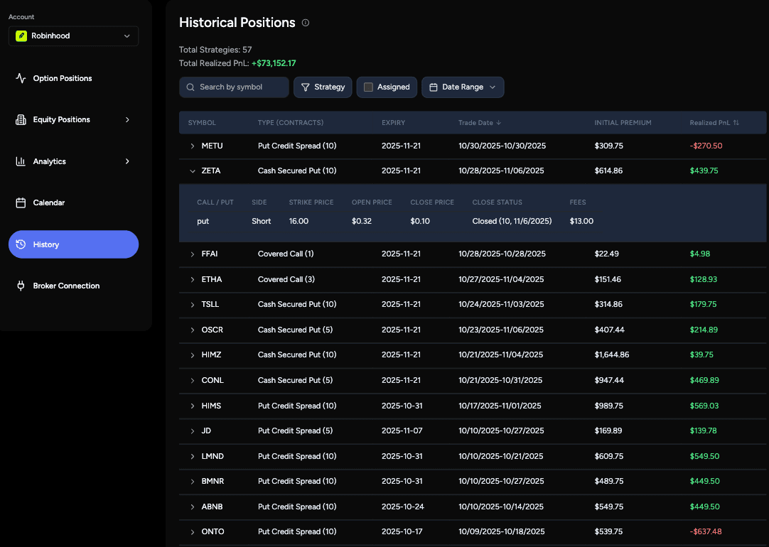 Options trade history journal demo