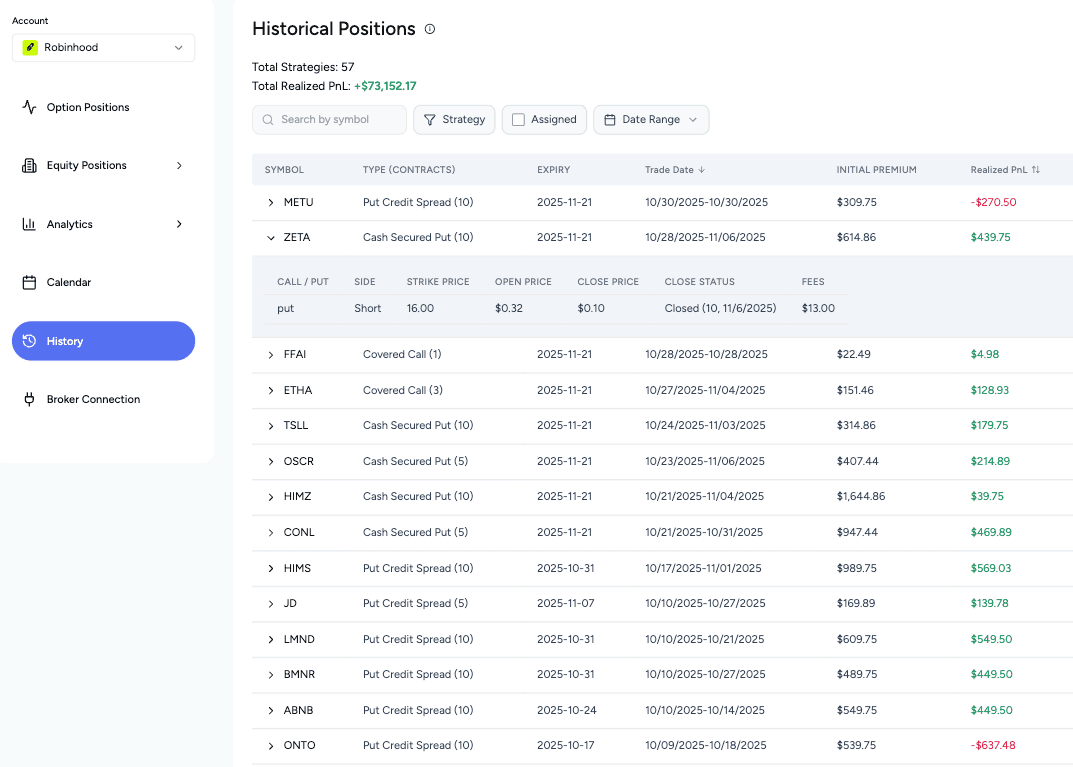 Options trade history journal demo