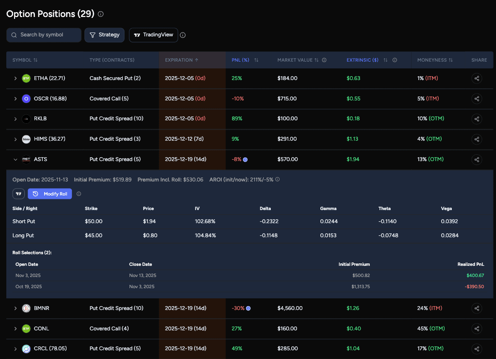 Live options position tracker — dashboard showing all strategies with real-time Greeks and P&L