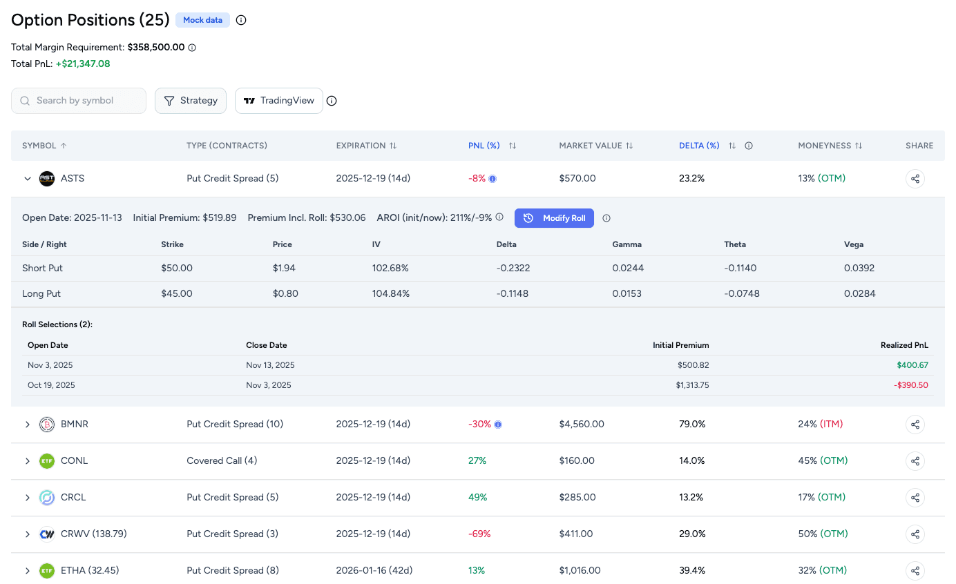 Option positions dashboard demo