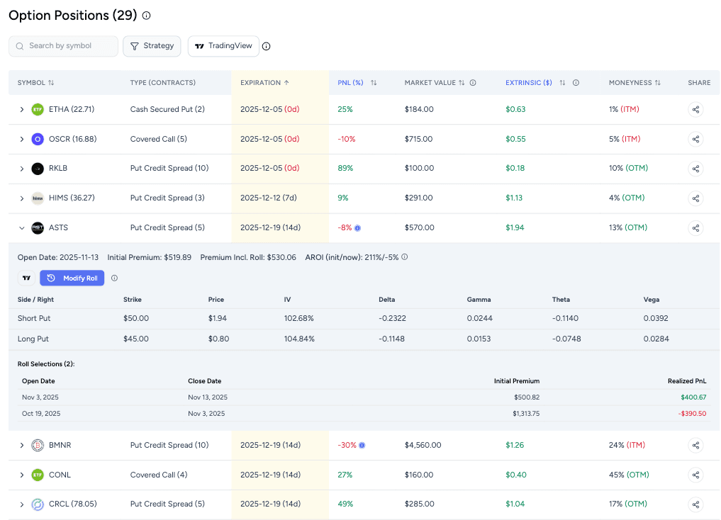 Live options position tracker — dashboard showing all strategies with real-time Greeks and P&L
