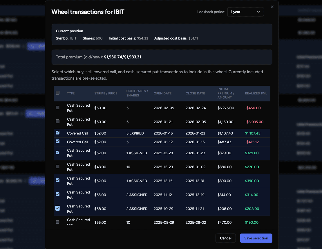Wheel strategy tracker — customize which transactions count toward your wheel cycle