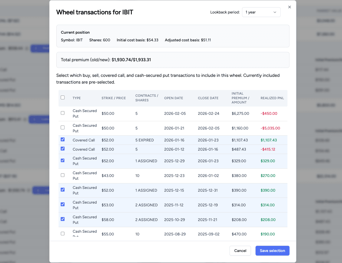 Wheel strategy tracker — customize which transactions count toward your wheel cycle